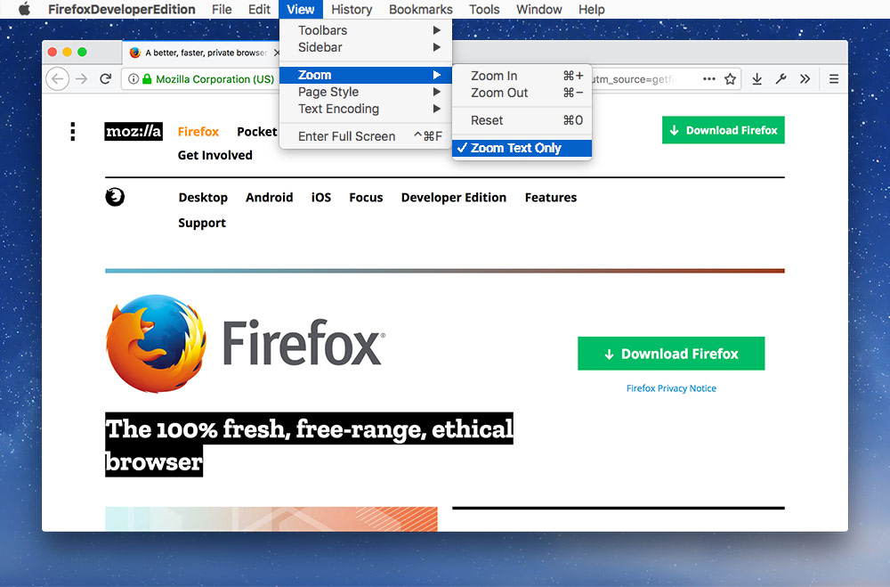 Turn on Firefox’s “Zoom Text Only” feature